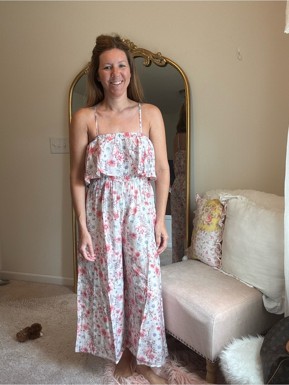 HYFVE Pink Floral Tiered-Ruffle Wide-Leg Jumpsuit